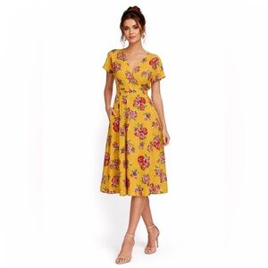 MATILDA JANE Yellow Red Floral Wrap Midi Dress Size XL